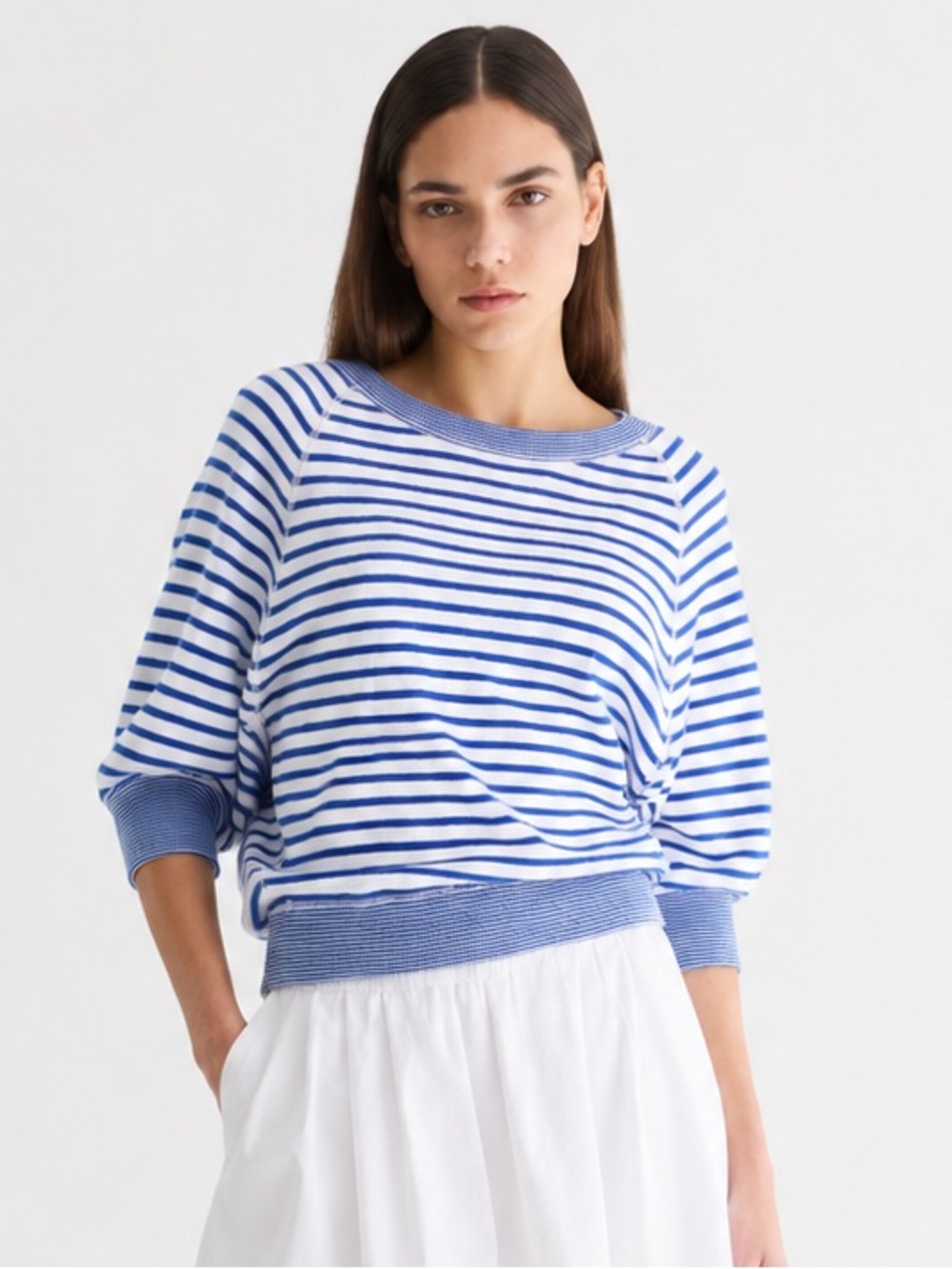 Bellerose Anglet blue + white stripe knit sweater with dolman sleeve, size xs